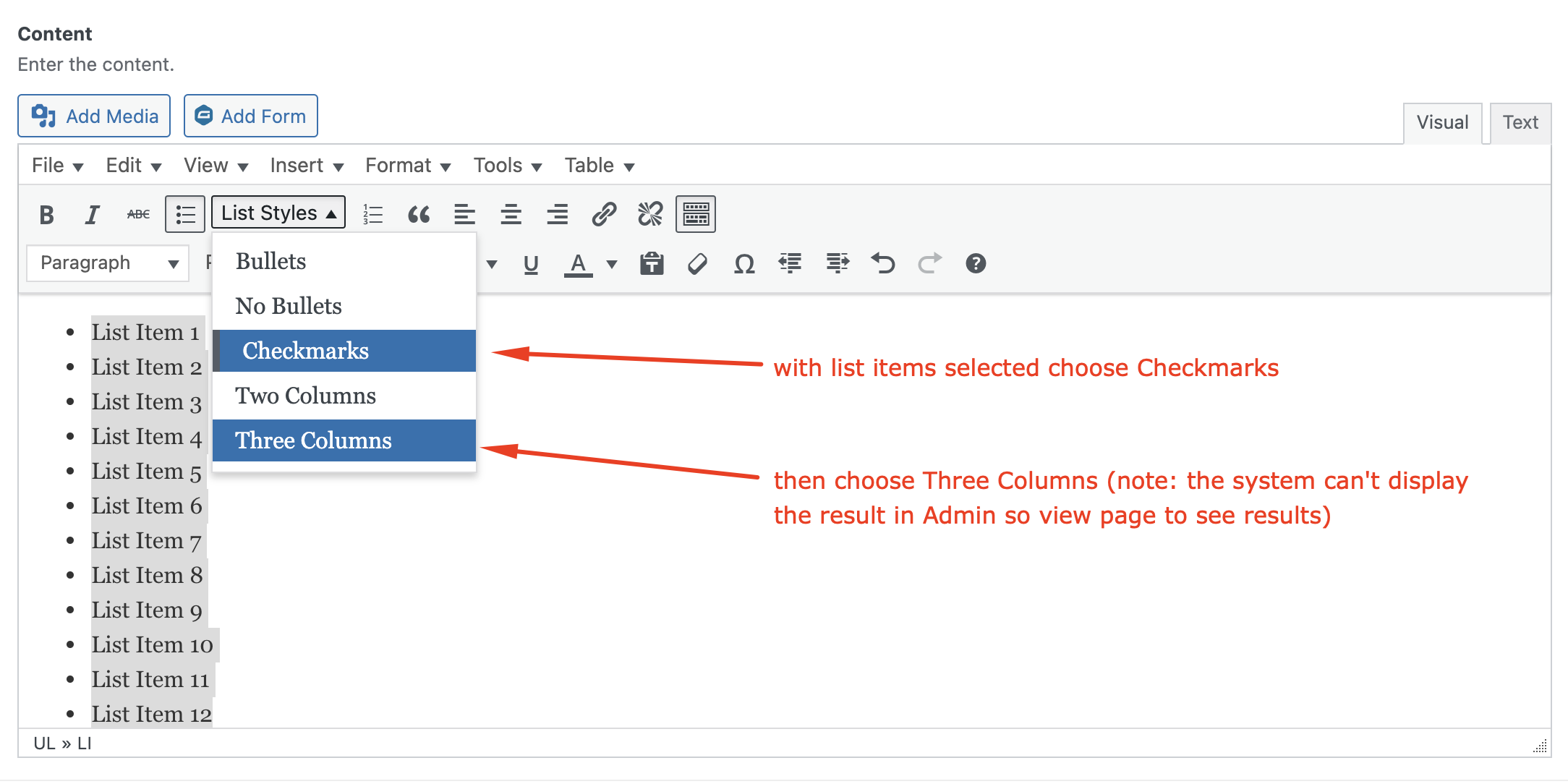 Example of choosing three column list with checkmarks option