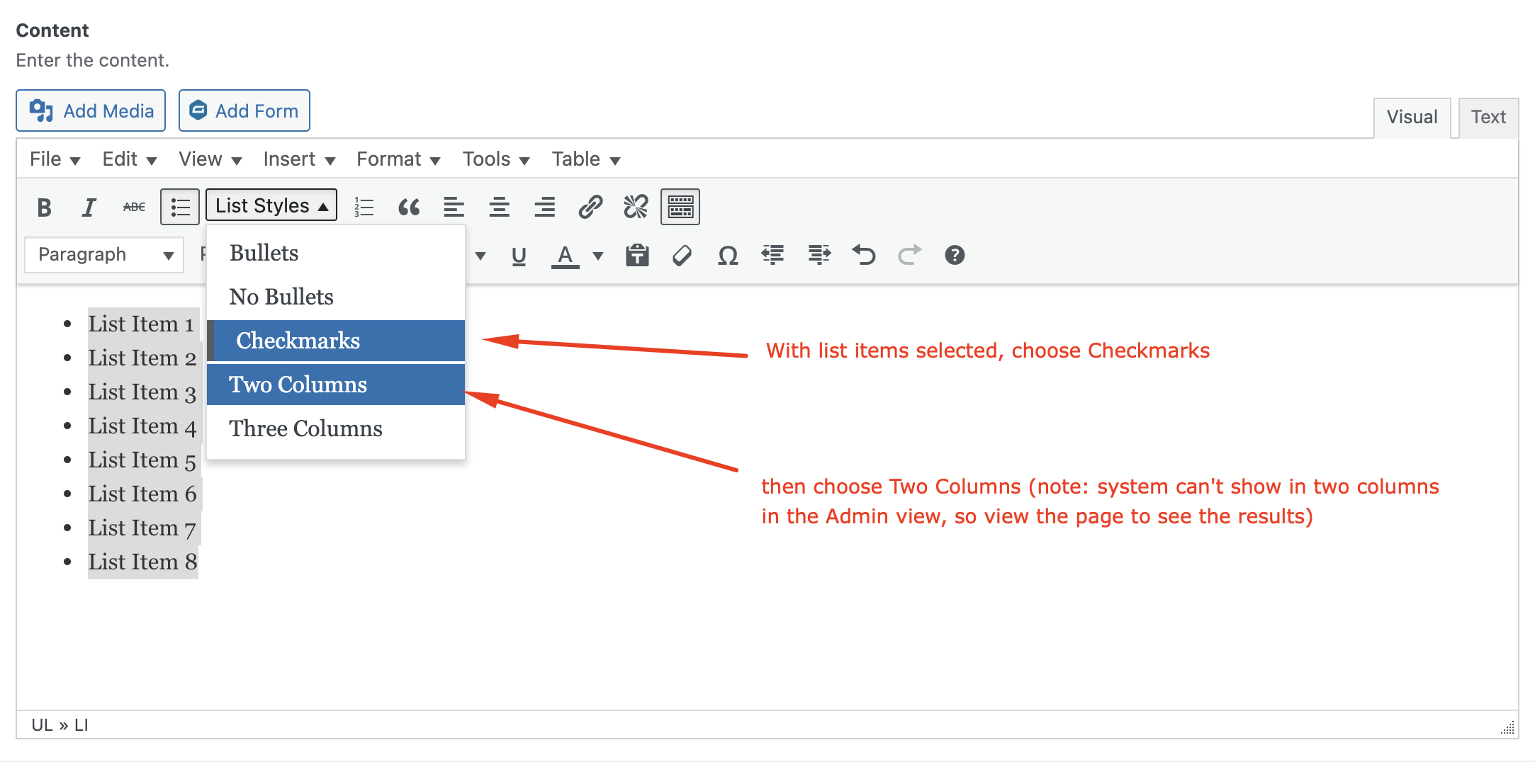 Example of choosing two column list with Checkmarks option