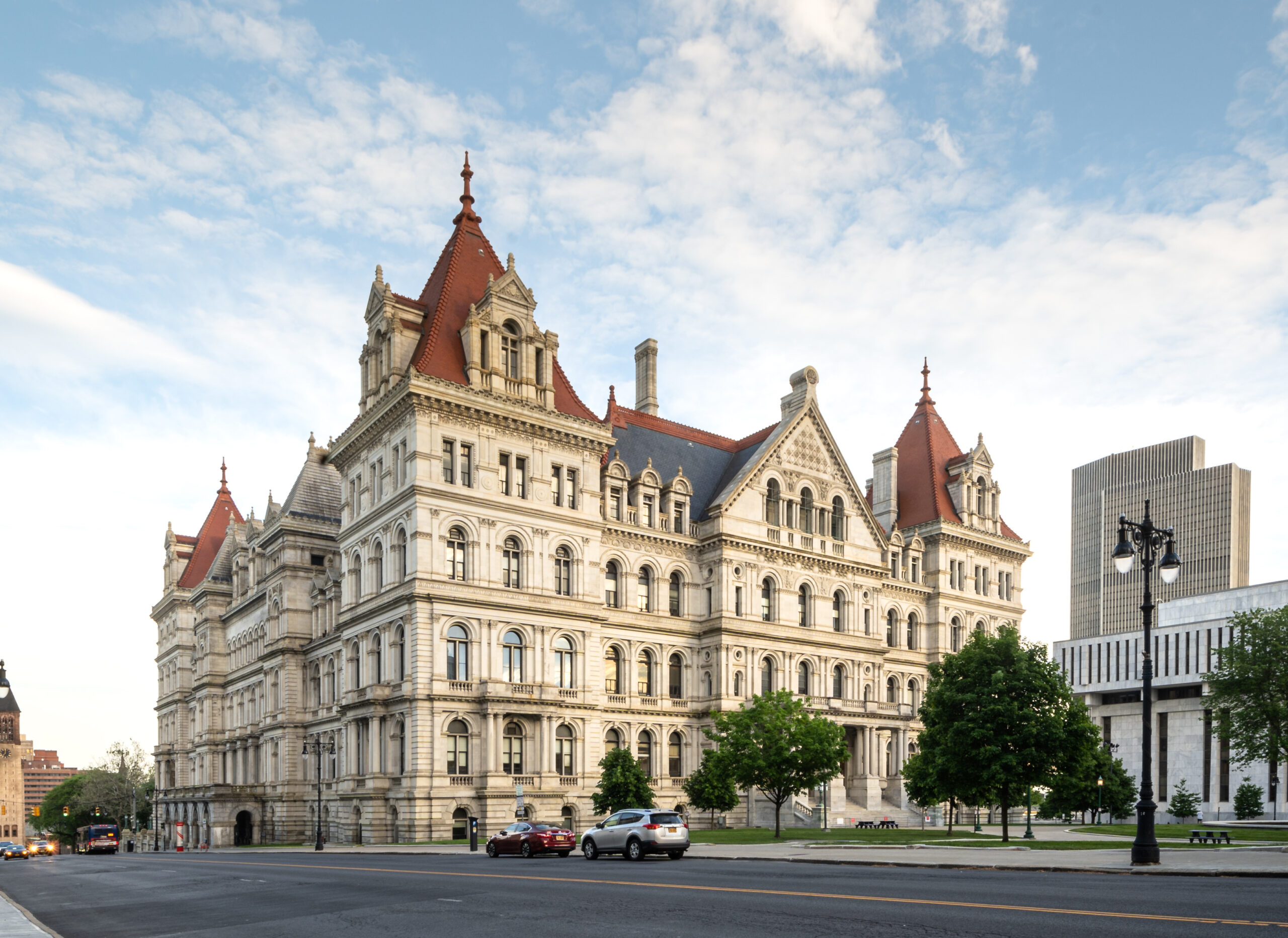 Albany, Ny Usa May 22, 2021: Three Quarter Landscape View Of The Historic New York State Capitol