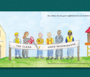 Six people at a ribbon cutting for a new clean green neighborhood 